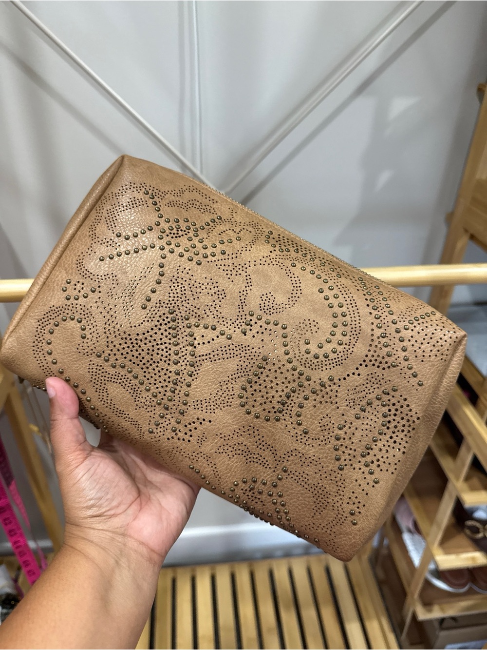 Embroidered Leather Travel Cosmetic Pouch in Taupe by - Picture 2 of 2
